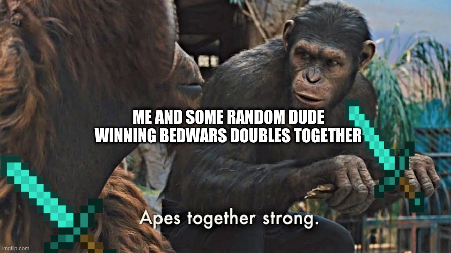 bedwars moment | ME AND SOME RANDOM DUDE WINNING BEDWARS DOUBLES TOGETHER | image tagged in ape together strong | made w/ Imgflip meme maker