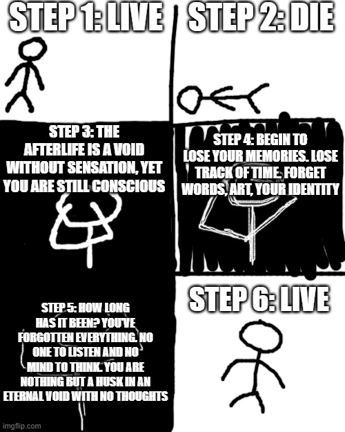 Blank Transparent Square Meme | STEP 1: LIVE; STEP 2: DIE; STEP 4: BEGIN TO LOSE YOUR MEMORIES. LOSE TRACK OF TIME. FORGET WORDS, ART, YOUR IDENTITY; STEP 3: THE AFTERLIFE IS A VOID WITHOUT SENSATION, YET YOU ARE STILL CONSCIOUS; STEP 6: LIVE; STEP 5: HOW LONG HAS IT BEEN? YOU'VE FORGOTTEN EVERYTHING. NO ONE TO LISTEN AND NO MIND TO THINK. YOU ARE NOTHING BUT A HUSK IN AN ETERNAL VOID WITH NO THOUGHTS | image tagged in memes,blank transparent square | made w/ Imgflip meme maker