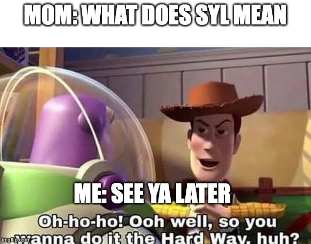 Wanna do it the hard way? | MOM: WHAT DOES SYL MEAN; ME: SEE YA LATER | image tagged in wanna do it the hard way | made w/ Imgflip meme maker