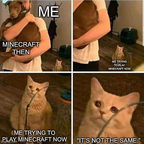 We need a Minecraft classic | ME; MINECRAFT THEN; ME TRYING TO PLAY MINECRAFT NOW; ME TRYING TO PLAY MINECRAFT NOW; “IT’S NOT THE SAME.” | image tagged in sad cat holding dog | made w/ Imgflip meme maker