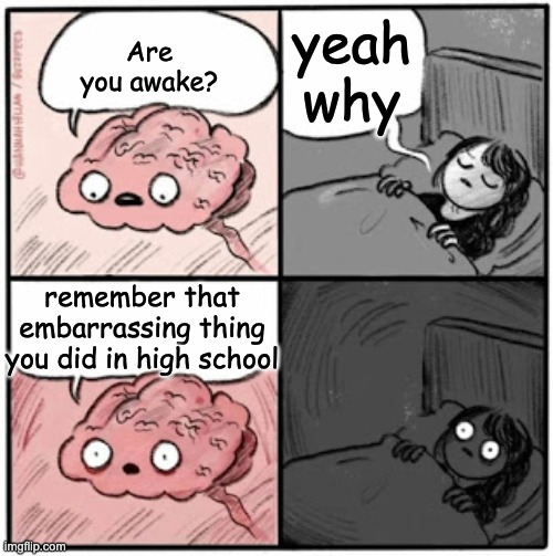 Brain Before Sleep | yeah why; Are you awake? remember that embarrassing thing you did in high school | image tagged in brain before sleep | made w/ Imgflip meme maker