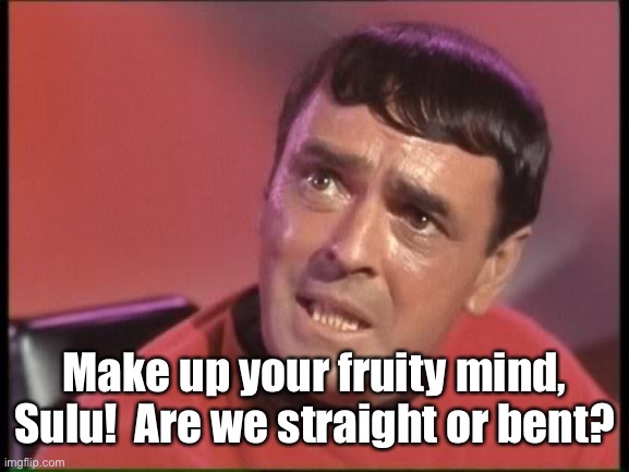 Scotty | Make up your fruity mind, Sulu!  Are we straight or bent? | image tagged in scotty | made w/ Imgflip meme maker