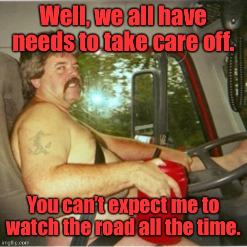 Trucker | Well, we all have needs to take care off. You can’t expect me to watch the road all the time. | image tagged in trucker | made w/ Imgflip meme maker