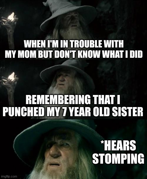 memes that make me cry 14 | WHEN I'M IN TROUBLE WITH MY MOM BUT DON'T KNOW WHAT I DID; REMEMBERING THAT I PUNCHED MY 7 YEAR OLD SISTER; *HEARS STOMPING | image tagged in memes,confused gandalf | made w/ Imgflip meme maker