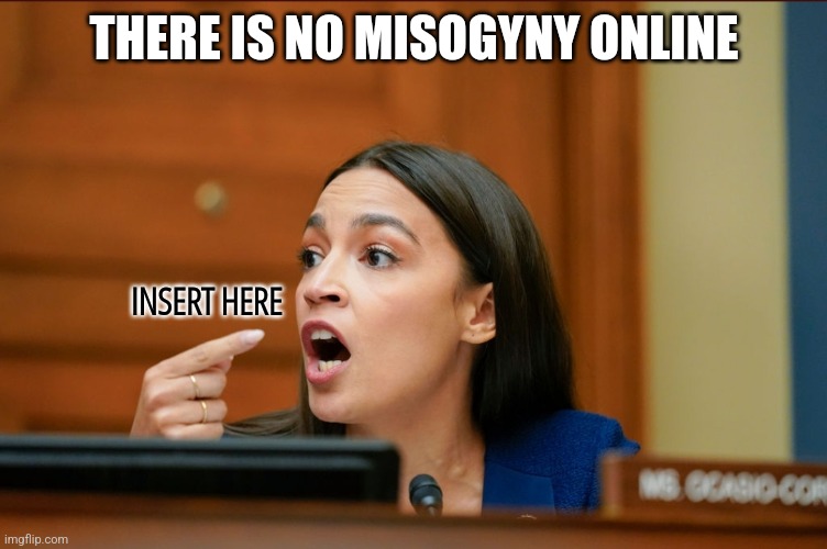AOC Thinks Misogyny Exists Online | THERE IS NO MISOGYNY ONLINE; INSERT HERE | image tagged in aoc,funny,memes,liberals,democrats,conservatives | made w/ Imgflip meme maker