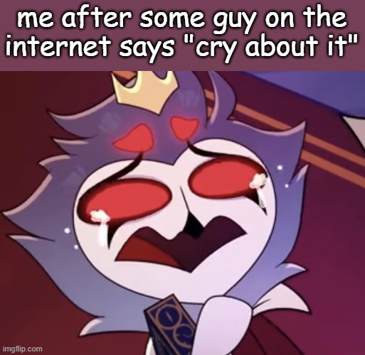 stolas cri | me after some guy on the internet says "cry about it" | image tagged in stolas cri | made w/ Imgflip meme maker