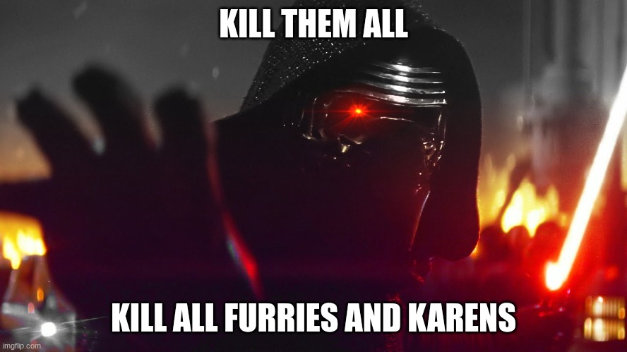 Kylo Ren Kill Them All | KILL THEM ALL KILL ALL FURRIES AND KARENS | image tagged in kylo ren kill them all | made w/ Imgflip meme maker