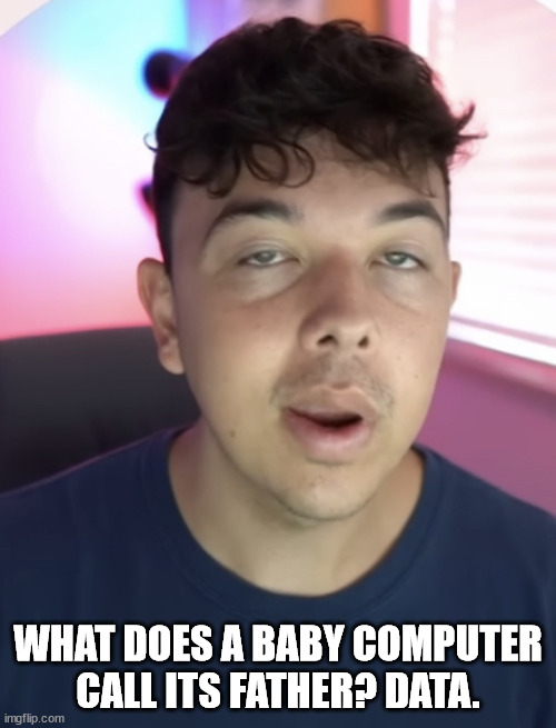 Bad Jokes | WHAT DOES A BABY COMPUTER CALL ITS FATHER? DATA. | image tagged in finance bro | made w/ Imgflip meme maker