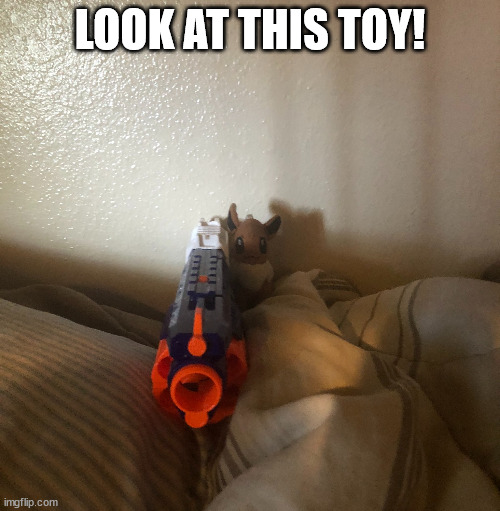 Eevee with a gun | LOOK AT THIS TOY! | image tagged in eevee with a gun | made w/ Imgflip meme maker