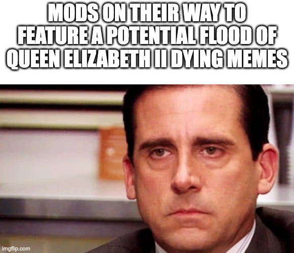 Sad Michael Scott | MODS ON THEIR WAY TO FEATURE A POTENTIAL FLOOD OF QUEEN ELIZABETH II DYING MEMES | image tagged in sad michael scott | made w/ Imgflip meme maker