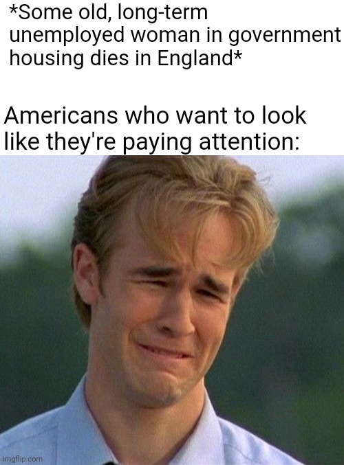 Get a job, royal family | *Some old, long-term unemployed woman in government housing dies in England*; Americans who want to look like they're paying attention: | image tagged in memes,1990s first world problems | made w/ Imgflip meme maker