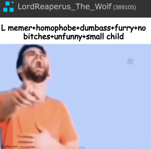 L memer+homophobe+dumbass+furry+no bitches+unfunny+small child | image tagged in laughing and pointing | made w/ Imgflip meme maker