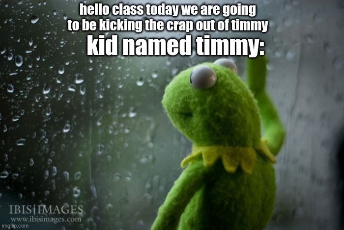 :((((( |  kid named timmy:; hello class today we are going to be kicking the crap out of timmy | image tagged in kermit window,kid named | made w/ Imgflip meme maker