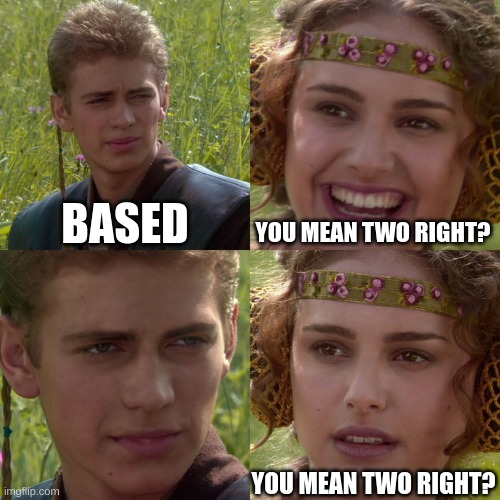 Anakin Padme 4 Panel | BASED YOU MEAN TWO RIGHT? YOU MEAN TWO RIGHT? | image tagged in anakin padme 4 panel | made w/ Imgflip meme maker