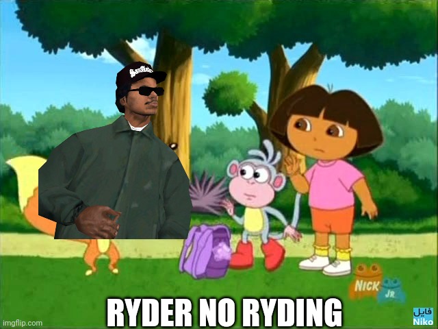 Unfunny meme by me | RYDER NO RYDING | image tagged in dora swiper no swiping | made w/ Imgflip meme maker