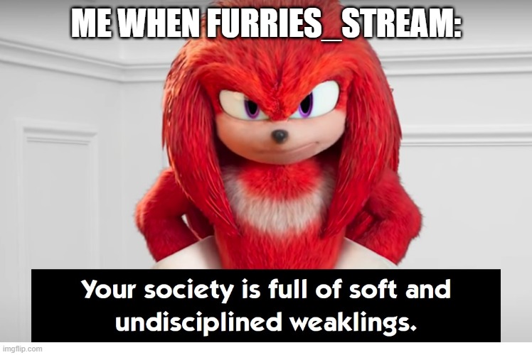 Your Society Is Full of Soft and Undisciplined Weaklings | ME WHEN FURRIES_STREAM: | image tagged in your society is full of soft and undisciplined weaklings | made w/ Imgflip meme maker