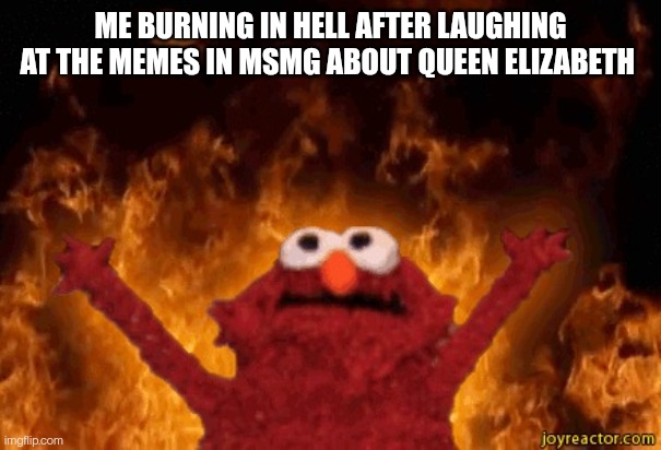 Elmo In Hell | ME BURNING IN HELL AFTER LAUGHING AT THE MEMES IN MSMG ABOUT QUEEN ELIZABETH | image tagged in elmo in hell | made w/ Imgflip meme maker