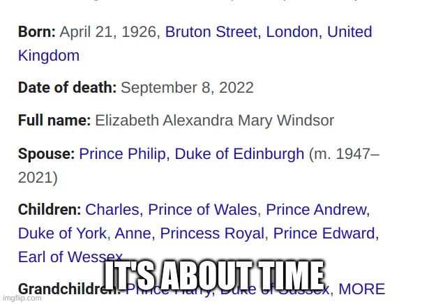 FINALLY | IT'S ABOUT TIME | image tagged in queen elizabeth,queen elizabeth dead | made w/ Imgflip meme maker