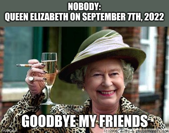 goodbye | NOBODY:
QUEEN ELIZABETH ON SEPTEMBER 7TH, 2O22; GOODBYE MY FRIENDS | image tagged in queen elizabeth | made w/ Imgflip meme maker