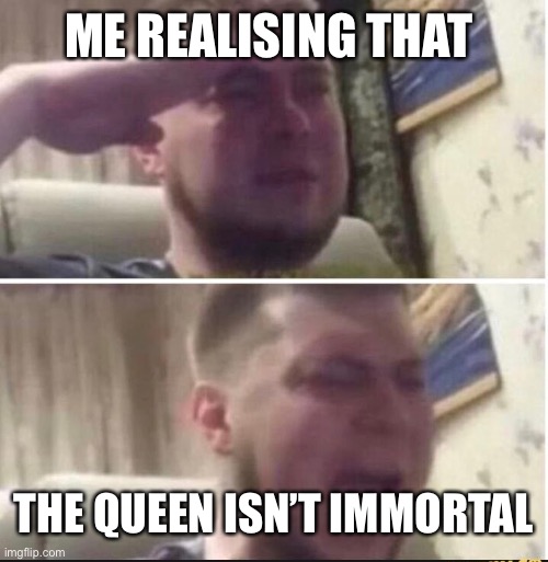 Crying salute | ME REALISING THAT; THE QUEEN ISN’T IMMORTAL | image tagged in crying salute | made w/ Imgflip meme maker