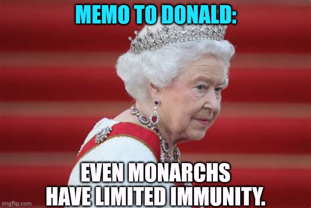 MEMO TO DONALD:; EVEN MONARCHS HAVE LIMITED IMMUNITY. | image tagged in queen,monarch,dead,immunity,privilege | made w/ Imgflip meme maker