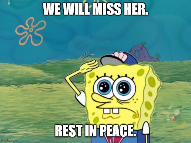 Sponge salute | WE WILL MISS HER. REST IN PEACE. | image tagged in sponge salute | made w/ Imgflip meme maker