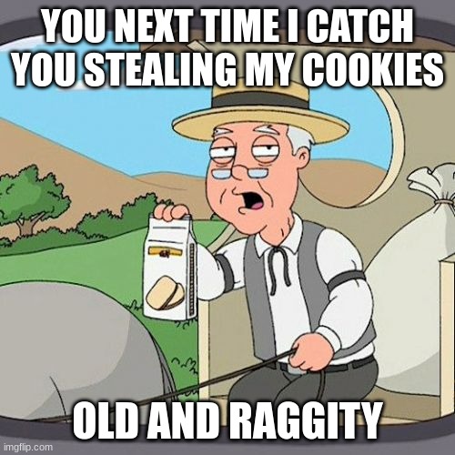 Pepperidge Farm Remembers | YOU NEXT TIME I CATCH YOU STEALING MY COOKIES; OLD AND RAGGITY | image tagged in memes,pepperidge farm remembers | made w/ Imgflip meme maker