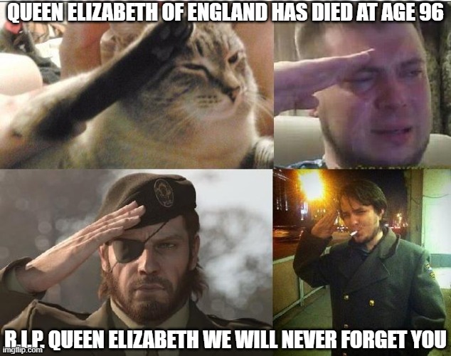 I mean I'm not British but it's still sad | QUEEN ELIZABETH OF ENGLAND HAS DIED AT AGE 96; R.I.P. QUEEN ELIZABETH WE WILL NEVER FORGET YOU | image tagged in ozon's salute,queen elizabeth,rest in peace,salute,british | made w/ Imgflip meme maker