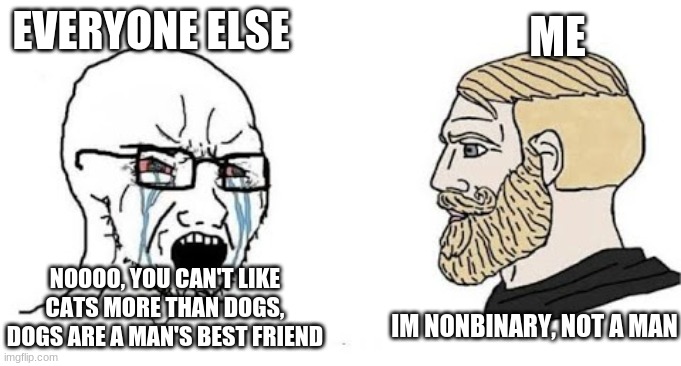 Soyjak vs Chad | ME; EVERYONE ELSE; NOOOO, YOU CAN'T LIKE CATS MORE THAN DOGS, DOGS ARE A MAN'S BEST FRIEND; IM NONBINARY, NOT A MAN | image tagged in soyjak vs chad | made w/ Imgflip meme maker