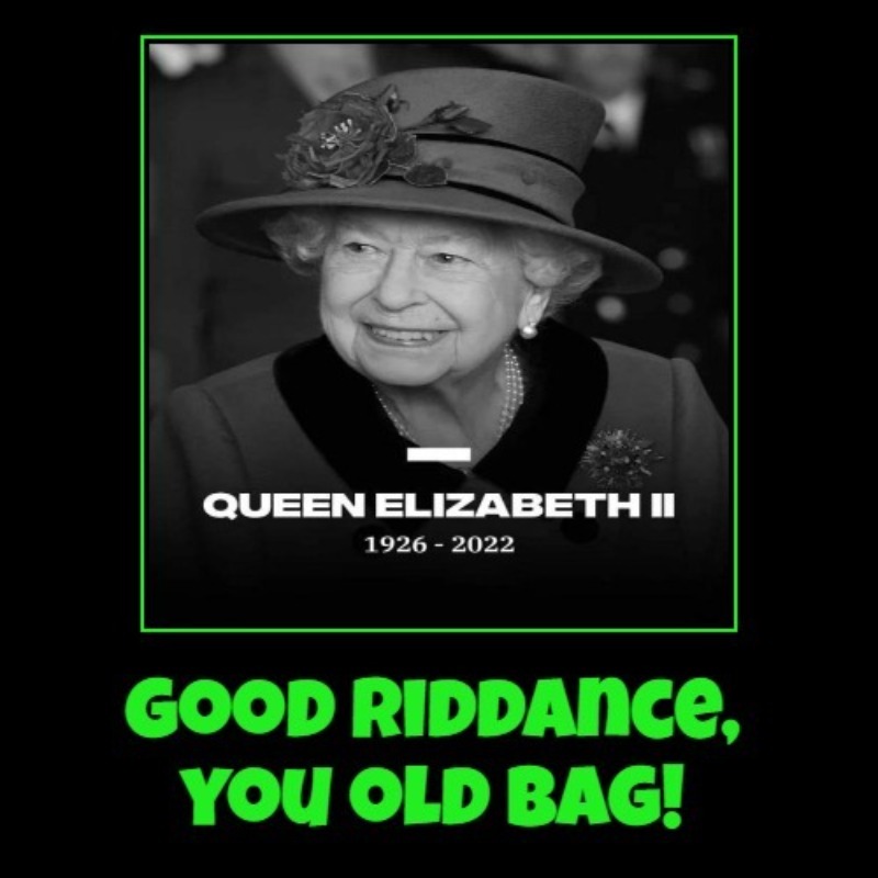 Good Riddance, You Old Bag! | image tagged in funny,demotivationals,old bag,royal pain,the queen elizabeth ii,inbred | made w/ Imgflip meme maker
