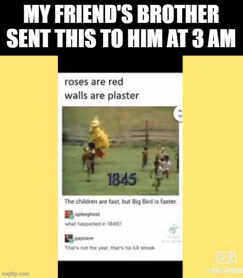 That's Not the Year, That's His Kill Streak | MY FRIEND'S BROTHER SENT THIS TO HIM AT 3 AM | image tagged in roses are red,big bird,smgs r da best | made w/ Imgflip meme maker