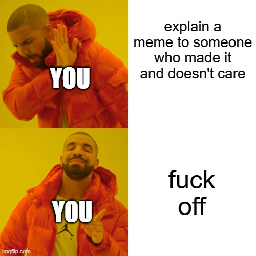 Drake Hotline Bling Meme | explain a meme to someone who made it and doesn't care fuck off YOU YOU | image tagged in memes,drake hotline bling | made w/ Imgflip meme maker