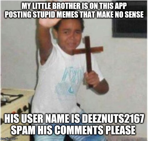 Brotherly Love Raid | MY LITTLE BROTHER IS ON THIS APP POSTING STUPID MEMES THAT MAKE NO SENSE; HIS USER NAME IS DEEZNUTS2167 SPAM HIS COMMENTS PLEASE | image tagged in memes,funny,raid,death | made w/ Imgflip meme maker