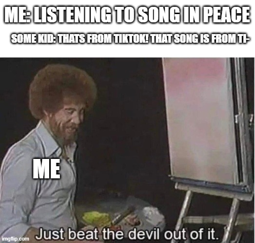 insert meme name here | ME: LISTENING TO SONG IN PEACE; SOME KID: THATS FROM TIKTOK! THAT SONG IS FROM TI-; ME | image tagged in blank white template,just beat the devil out of it | made w/ Imgflip meme maker