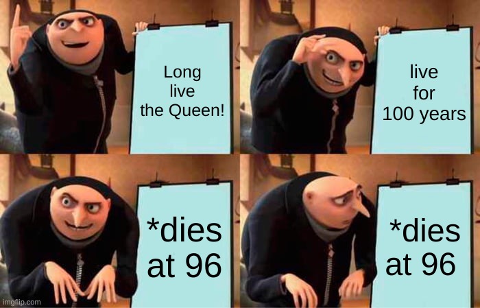 Gru's Plan Meme | Long live the Queen! live for 100 years; *dies at 96; *dies at 96 | image tagged in memes,gru's plan,queen elizabeth,rip | made w/ Imgflip meme maker