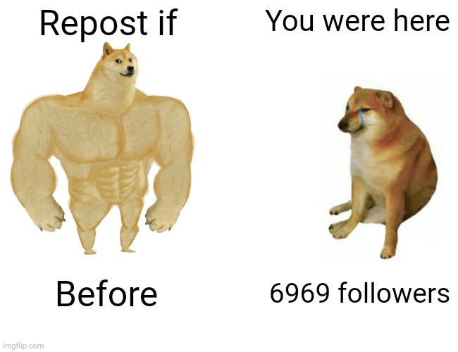 Buff Doge vs. Cheems | Repost if; You were here; Before; 6969 followers | image tagged in memes,buff doge vs cheems | made w/ Imgflip meme maker