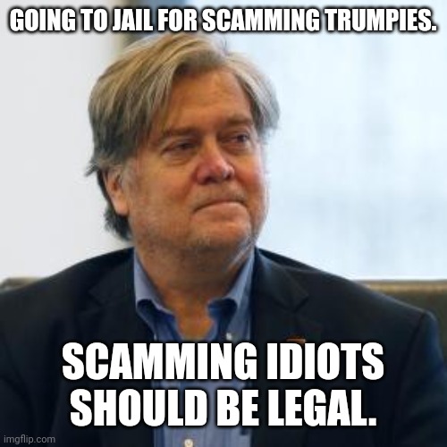 Bannon | GOING TO JAIL FOR SCAMMING TRUMPIES. SCAMMING IDIOTS SHOULD BE LEGAL. | image tagged in steve bannon,trump supporter,trump,conservative,republican,liberal | made w/ Imgflip meme maker
