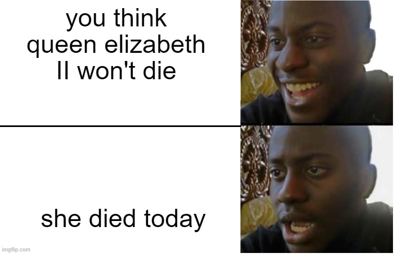 honor her more than technoblade plz | you think queen elizabeth II won't die; she died today | image tagged in disappointed black guy,queen elizabeth | made w/ Imgflip meme maker