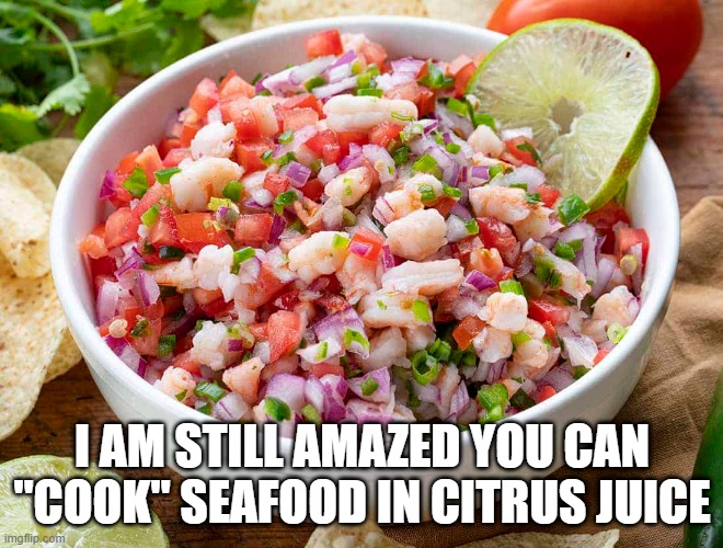 Ceviche | I AM STILL AMAZED YOU CAN "COOK" SEAFOOD IN CITRUS JUICE | image tagged in food | made w/ Imgflip meme maker