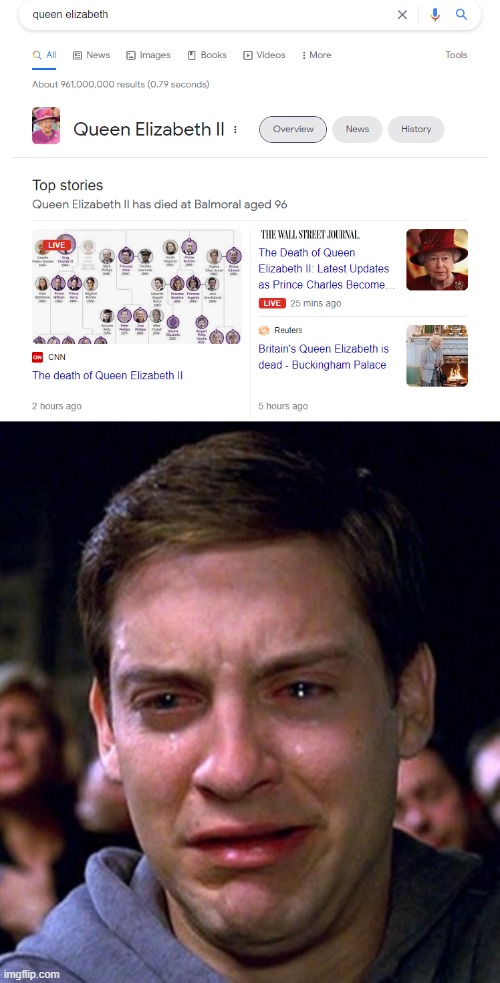 IMPOSSIBLE | image tagged in crying peter parker,rip queen elizabeth | made w/ Imgflip meme maker
