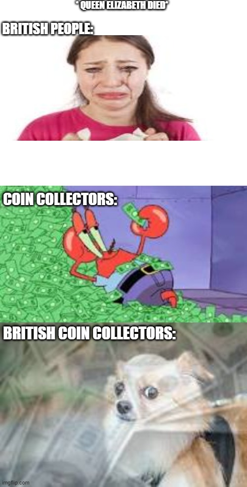 * QUEEN ELIZABETH DIED*; BRITISH PEOPLE:; COIN COLLECTORS:; BRITISH COIN COLLECTORS: | image tagged in blank white template | made w/ Imgflip meme maker