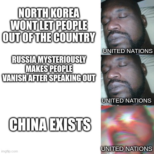 I sleep extend | NORTH KOREA WONT LET PEOPLE OUT OF THE COUNTRY; UNITED NATIONS; RUSSIA MYSTERIOUSLY MAKES PEOPLE VANISH AFTER SPEAKING OUT; UNITED NATIONS; CHINA EXISTS; UNITED NATIONS | image tagged in i sleep extend | made w/ Imgflip meme maker
