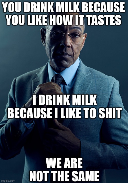 Gus Fring we are not the same | YOU DRINK MILK BECAUSE YOU LIKE HOW IT TASTES; I DRINK MILK BECAUSE I LIKE TO SHIT; WE ARE NOT THE SAME | image tagged in gus fring we are not the same | made w/ Imgflip meme maker