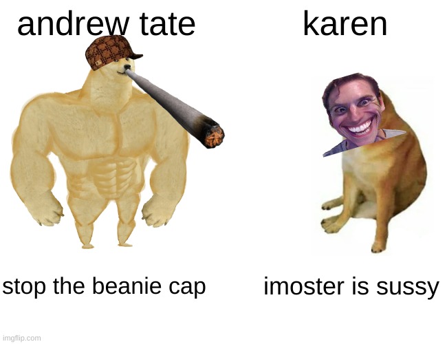 stop the beanie cap | andrew tate; karen; stop the beanie cap; imoster is sussy | image tagged in memes,buff doge vs cheems | made w/ Imgflip meme maker