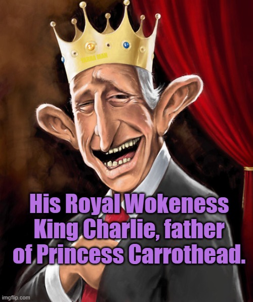 His Royal Wokeness King Charlie | YARRA MAN; His Royal Wokeness King Charlie, father of Princess Carrothead. | image tagged in woke,global warming,harry,queen elizabeth | made w/ Imgflip meme maker
