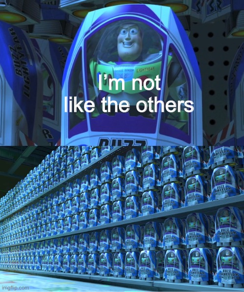 Buzz lightyear clones | I’m not like the others | image tagged in buzz lightyear clones | made w/ Imgflip meme maker