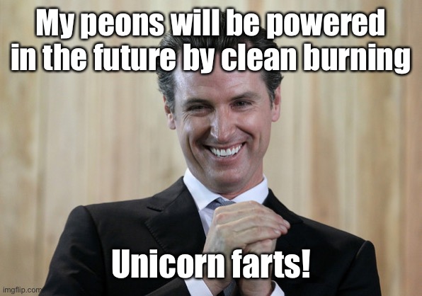 So long California! | My peons will be powered in the future by clean burning; Unicorn farts! | image tagged in scheming gavin newsom,power shortage | made w/ Imgflip meme maker