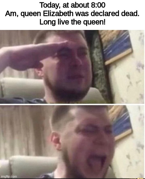 long live the queen! | Today, at about 8:00 Am, queen Elizabeth was declared dead.
Long live the queen! | image tagged in crying salute,queen elizabeth,death | made w/ Imgflip meme maker