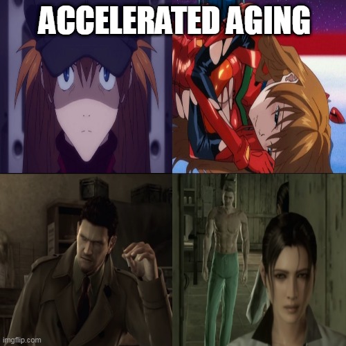 Drawing parallels that do not make any sense n°9 | ACCELERATED AGING | image tagged in neon genesis evangelion,metal gear solid,rebuild of evangelion,asuka langley soryu | made w/ Imgflip meme maker