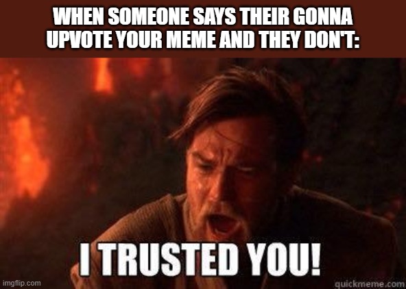 I trusted you | WHEN SOMEONE SAYS THEIR GONNA UPVOTE YOUR MEME AND THEY DON'T: | image tagged in i trusted you | made w/ Imgflip meme maker